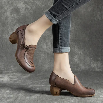 Príručka pravej Kože vysokej päty topánky dámske Black brown Vintage jedno ženské topánky Pohodlné mama topánky dámske topánky