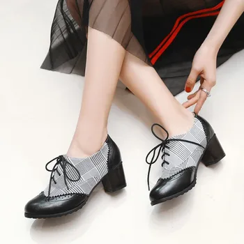 EAGSITY Britskej škole štýl koberčeky oxford topánky blok päty čipky ukázal prst bežné dámske topánky