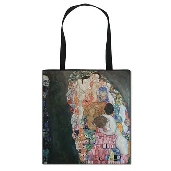 Vintage Maľovanie Kiss / lekna Kapsičky Taška Ženy Kabelka Monet / Gustav Klimt Plátno Taška cez Rameno Travel Nákupné Tašky