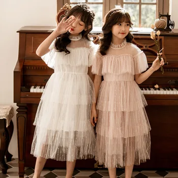 Béžová Čierna Biela Ružové Šaty Teenage Veľké Dievčatá Šaty Deti Oblečenie 2020 Letné Šaty Pre Dievčatá, Vrstvená Sieťovaná Patchwork Oblečenie