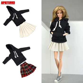 V zime Teplý Čierny Dlhý Rukáv Topy + Biele Krátke Mini Šaty, Oblečenie, Oblečenie pre Bábiku Barbie Set Oblečenia pre 1/6 BJD Bábiky Dom