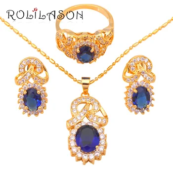 Jemné Zlaté Tón Náušnice Náhrdelník Krúžok Šperky Set Zirkón Rakúskej Modré Crystal Krúžok Sz #8 #7 #9 JS431