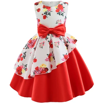 Červená vytlačené kvet Luk dievčatá šaty sleeveles vrstvený Deti Šaty pre dievčatá neformálne princezná šaty, baby, dievčatá oblečenie vestidos