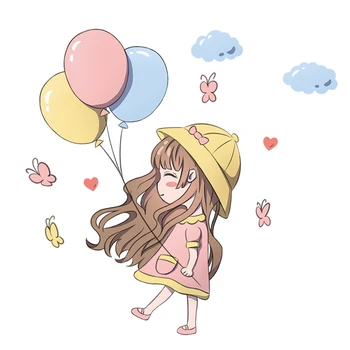 [shijuekongjian] Karikatúra Holka Balóny Samolepky na Stenu DIY Kvety, Listy, Nástenné Obtlačky pre Deti Izby Detská Spálňa Domáce Dekorácie