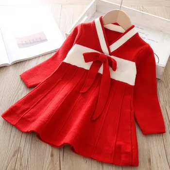 2019 jesenné a zimné dievčenské šaty deti tvaru dlhý rukáv čínsky štýl, svetre, vyšívané pletené šaty pre deti