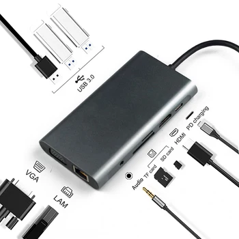 10-v-1, USB, C HUB Typ-C na USB3.0x3+HDMI+TF+RJ45+PD+3,5 mm+VGA Adaptér Dock