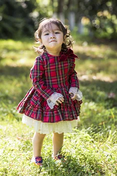 0-12Y Baby Girl Jeseň Dlhý Rukáv Červená Koberčeky Turecko, Anglicko Vintage španielsky plesové Šaty Princezná Šaty na Narodeniny Chiristmas