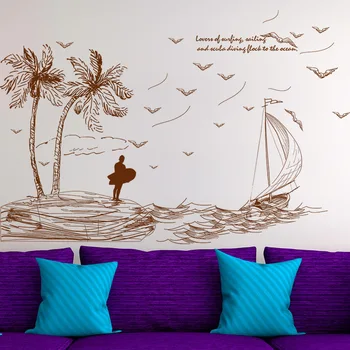 Náčrt coconut tree plachetnici seagull beach surf krajiny samolepky na stenu obtlačky domova obývacie spálne tapety Umenie nástenná maľba