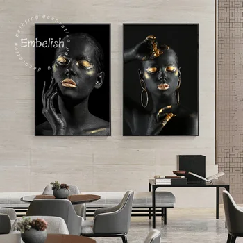 Embelish Blck Nahé Africkej Ženy So Zlatými Fibgers A Pery Domova Wall Art Obrázok Pre Obývacia Izba Plátno Na Maľovanie Plagátu