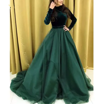 Smaragdovo Zelená Velúrové Moslimských Večerné Šaty Plné Rukávy Elegantné A-line Dlho Prom Šaty Formálne Party Šaty 2020 Župan De Soiree