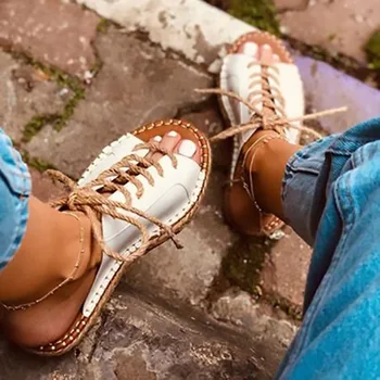 2020 Ženy Sandále Dámske Letné Topánky Prst Členok Duté Sandále Vintage Konopné Lano Ploché Sandále Sandalias Letné Topánky Zapatos