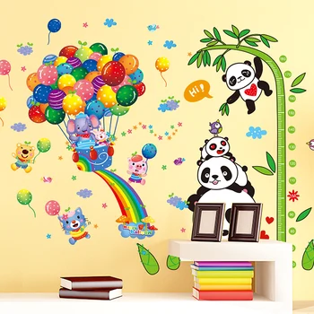 Pandy Zvieratá Samolepky na Stenu DIY Balóny Bambusu Výška nástenná maľba Obtlačky pre Deti Detská Izba Spálňa Dekorácie