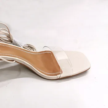 Letné Ženy Sandále Kapela Vintage Tenké Podpätky Štvorcové Prst Vysoké Podpätky Transparentné Popruhu Remeň Sandále Ženy Dizajn Topánky Ženy