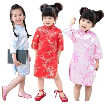 Drak Červený Baby Girl Qipao Šaty 2018 Čínsky Jarný Festival Detí Oblečenie Dievča Cheongsam Oblečenie Kvetinový Chi-Pao Šaty