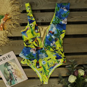 Jednodielne Plavky 2020 Nové Sexy Tlač Na Kvetinový Kombinézu Prehrabať Plavky Ženy Žlté Plavky Plážové Oblečenie Backless Monokiny