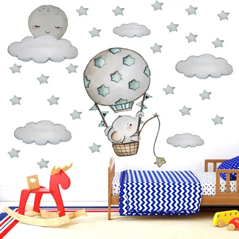 Ručne Maľované teplovzdušný balón Cartoon Slon Samolepky na Stenu pre Deti izba Detská izba Obtlačky Vinyl Eco-friendly Nálepky Domova
