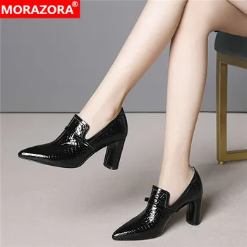 MORAZORA 2020 Veľká veľkosť 33-43 originálne kožené vysoké podpätky, topánky, módne ukázal prst šaty topánky čiernej farby leta ženy čerpadlá