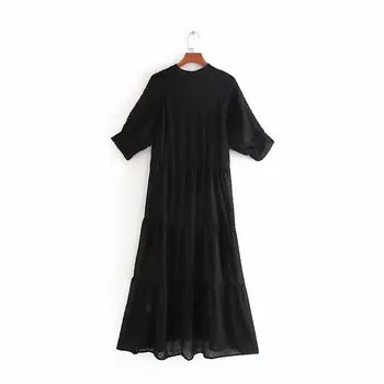 Hot predaj šaty dámske dlhé šaty stand-golier farbou polka dot dress polovičný rukáv šifón voľné oblečenie pre voľný čas