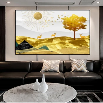 Moderné Abstraktné Golden Sun Svahu Jeleň Krajiny Umelecké Plátno Maľby Nástenné Art Obrázky pre Obývacia Izba Dekor (Bez Rámu)