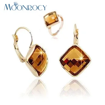 MOONROCY Drop Shipping Fashion Square Crystal Prsteň a Náušnice Šperky Set Rose Gold Color Šperky Set Veľkoobchod pre Ženy Darček