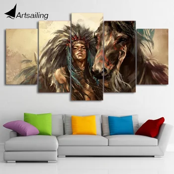 HD vytlačené 5 kus Plátna Umenie kmeň bojovník s koňom Maľovanie 5 panely na Stenu Obrázky a Decor doprava Zadarmo CU-2563B