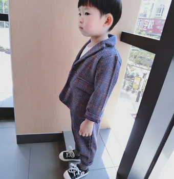 Baby boy gentleman oblečenie sady deti jednotné oblečenie pre školy narodeniny vyhovuje deti, dlhý rukáv vlnené kockovaný kabát a nohavice