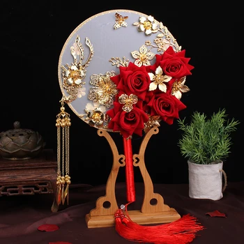 HIMSTORY Čínska Klasická Nevesta Drží Kvetiny Kolo Ventilátora Červené Ruže Kvet Phoenix Svadobné Kytice Strane Príslušenstvo
