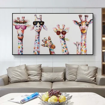 Abstrakt Žirafa Rodiny Plátno Plagáty a Tlač Zábavné Žirafa Nosenie Okuliarov Stenu Dekoratívne Obrázky Deti Sestra Izba Dekor