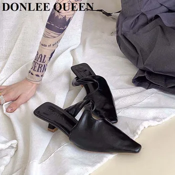 2020 Módne Ukázal Prst Papuče Ženy Pošmyknúť Na Tkaných Med Podpätky, Luxusné Značky Outsides Listov Elegantné Dámy Obuv Sandal Črievičku