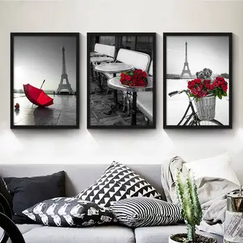 Rose bicykli dáždnik čiernej a bielej krajiny plátno, maľovanie obrazov na stenu pre obývacia izba moderné spálne cuadros decoracion