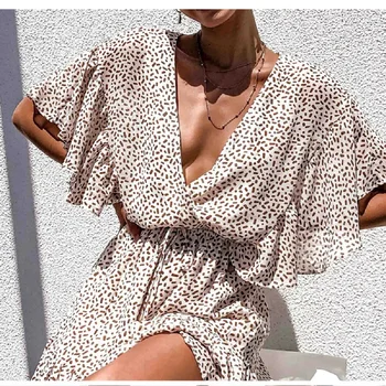 2020 Leopard Tlač Ženy Letné Šaty Sundresses Sexy Ponoriť Hlboko V-Neck Beach Šaty Tlačidlo Späť Prehrabať Ženy Party Oblečenie