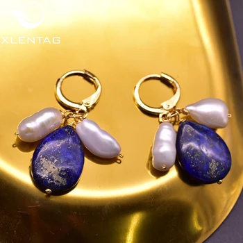 XlentAg Prírodné Lapis Lazuli kvalitné Perly Visieť Náušnice Modré Kamene Narodeniny Drop Earings Ženy Módne Šperky GE0943