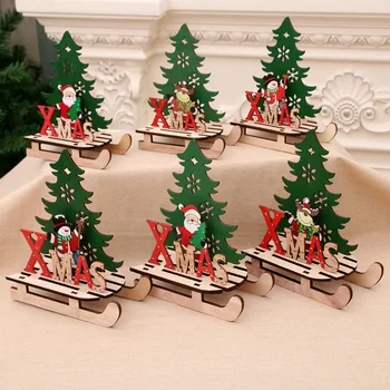 Vianočné Ozdoby Tvorivé Maľované Drevené Montáž DIY Sane Auto Dekorácie Jigsaw Puzzle, Darčekové Vianočné Stromčeky a Santa Claus
