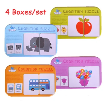 4 Ks/set Deti Puzzle, Hračky Montessori Drevené puzzle Zodpovedajúce Hry Hračky Pre Deti Raného Vzdelávania Pár Kariet Hračky S Box