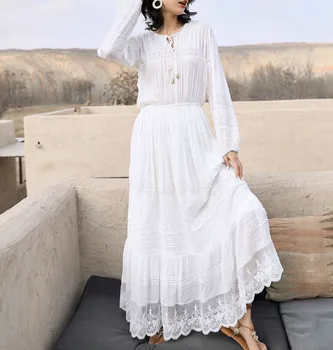 TEELYNN boho dlhý rukáv maxi šaty žien jeseň župan 2020 vintage white kvetinové výšivky, čipky šaty lady party vestidos