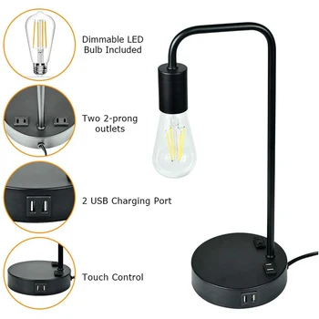 Priemyselné Touch Ovládania stolná Lampa s 2 Nabíjanie pomocou pripojenia USB Porty a 2 elektrických Zásuviek 3 Spôsob Stmievateľné Vintage nočnom stolíku Lampa