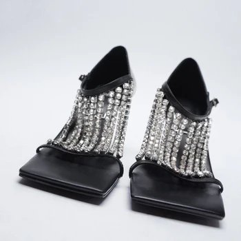 2021 Nový ZA Syle Ženy Sandále Crystal Strapec Dizajn V Font Štvorcové Prst Jeden Popruh Prackou V Strane Tenké Vysoké Podpätky, Topánky Ženy