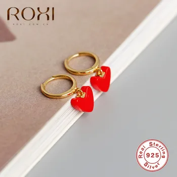 ROXI kórejské Vyhlásenie Červeného Srdca Náušnice 925 Sterling Silver Geometrické Cirlce Srdce Visieť Drop Náušnice Pre Ženy, Darčeky, Šperky