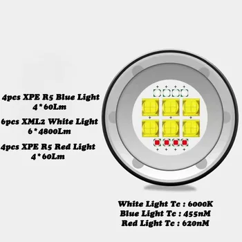 28800LM LED Potápanie Červená/Modrá Baterka 8 XPE R5+6 Biela XML2 Vyplniť Svetla IPX8 Vodotesné Držiak Torchlight Fotografie Lampa