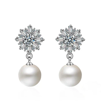 Jednoduché Snowflake Stud Náušnice Pre Ženy 925 Sterling Podiel Sladkovodné Perly Šperky, Svadobné&Narodeniny Kvalitný Darček