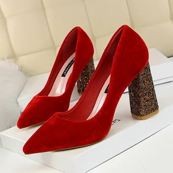 Nové jarné red velvet poukázal na vysoké podpätky robustný podpätky, topánky dámske sexy svetlo úst flitrami červené svadobné topánky