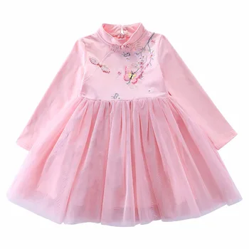 Dievčatá Cheongsam šaty 2019 nové Deti bavlna dlhým rukávom, Vyšívané kvetinové šaty pre Dieťa dievča princezná oka motýľ Oblečenie