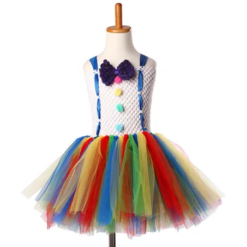 Dievčatá Klaun Rainbow Inšpiroval Ručné Tutu Šaty Farebné Pom Poms Deti Party Šaty na Narodeniny Oblečenie alebo Halloween Kostým