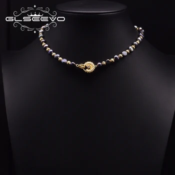 GLSEEVO Ručne vyrábané Prírodné Sladkovodné Barokový Perlový Náhrdelník Pre Ženy Výročie Kvet Tmavo Tlačidlo Retro Luxusné Šperky GN0246