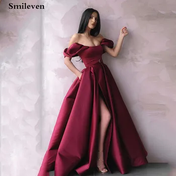 Smileven Plus Veľkosť Šaty Ples Riadok Satin Princezná Predné Split Formálne Večerné Šaty Ramena Party Šaty